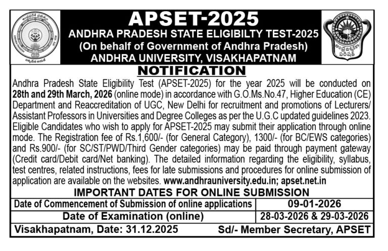 Andhra Pradesh State Eligibility Test (APSET) 2025